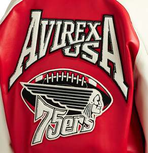Avirex Men's Red Varsity <b>Jacket</b> Embroidered <b>Patch</b> Front Zipper Regular Fit Turn-down Collar Leather Fusion of Strength - Product Image 3