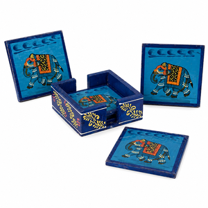 Ensemble de dessous-de-verre carrés en bois faits à la main Indirae Artistry avec support |   Design oriental, antidérapant, léger, en provenance du Rajasthan - Product Image 2