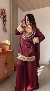 Nude <b>Rose</b> Dusty Pink Silk Embroidered Mirror Work <b>Top</b> With Sharara Plazzo And Dupatta - Product Image 4