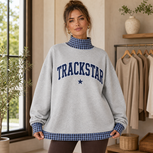 Sweat-shirt à col montant gris chiné pour femme avec bordure à carreaux bleus, appliqué universitaire marine et bordure brodée Trackstar, vêtements personnalisés OEM - Product Image 1