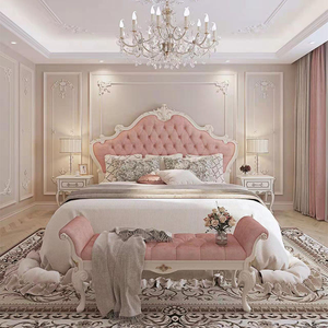 Elegante Juego de Cama Tapizado Estilo Rococó Francés con Estructura de Caoba Maciza Tallada a Mano, Diseño de Cabecera Acolchada Rosa de Lujo - Product Image 1
