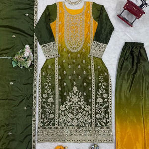New Fashionable Collection 3 Piece Fancy <b>Kurti</b> With Flared Plazzo And Dupatta - Product Image 1