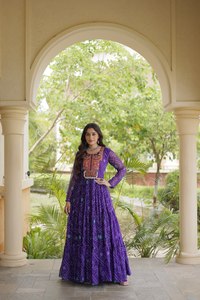 Purple Embroidered Rayon <b>Kurta</b> Gown Floor-Length Loose Fit Traditional <b>Indian</b> Pakistani Women's Wedding Wear All Seasons - Product Image 3