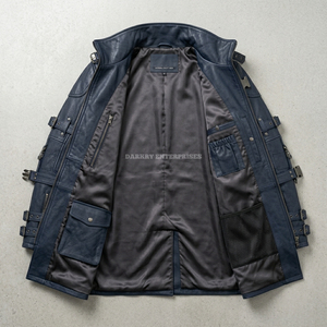 Men Navy Long Leather <b>Jacket</b> Cyberpunk Streetwear <b>Punk</b> Rock Coat Baddie Utility Multi Pocket Outwear Men Outerwear Windproof - Product Image 3