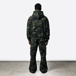 <b>Mens</b> <b>Camo</b> Tracksuit Set Hoodie <b>Cargo</b> Pants Rhinestone Leaf Detail Custom Streetwear Sportswear Matching Outfit - Product Image 4