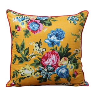 Yellowish with Colourful Flowers Floral Pure Cotton Side Style Floral Printed Indian Cotton <b>Cushion</b> Cover - Product Image 1