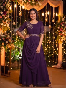 Multi Style Flaired Gowns Dupatta <b>Belt</b> Heavy Georgette Embroidery Hand <b>Work</b> Modern Design for Wedding/Party Occasions - Product Image 6