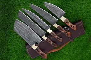 Ensemble de couteaux de chef faits à la main en acier Damas à 33 couches avec manches en bois, étui en cuir, passe au lave-vaisselle - Product Image 2
