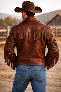 Authentic <b>Men</b>’s Cowboy Fringe <b>Leather</b> <b>Jacket</b> <b>Brown</b> Vintage Western Style Genuine <b>Leather</b> Coat with Tassel Detail - Product Image 6