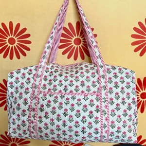 Indian Handmade Luxury Lightweight Block Print Quilted Cotton Duffle <b>Bag</b> Pink Floral Cotton <b>Duffel</b> <b>Bag</b> with Striped - Product Image 1