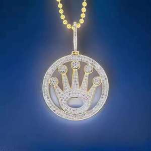 925 Sterling <b>Silver</b> Moissanite <b>Crown</b> Pendant Bezel Set Round Brilliant Cut Unisex Hip Hop Necklace Party Jewelry - Product Image 3