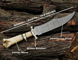 Cuchillo Bowie de Caza de Acero de Damasco PASHA ENTERPRISES, Mango de Hueso de Camello, Funda de Cuero, Grado Industrial, OEM Personalizable - Product Image 1
