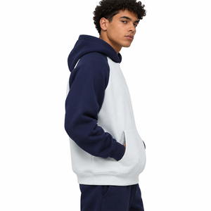 <b>Men's</b> Two Tone Raglan Hoodie <b>Navy</b> White <b>Fleece</b> Pullover Kangaroo Pocket Embroidered Custom OEM Private Label Streetwear - Product Image 2