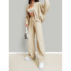Women's Casual Winter 2 Piece Jogger Sets Oversized Sweatsuit Full <b>Zip</b> Long Sleeve Sweatshirt Wide Leg Sweatpants 100% Cotton - Product Image 6