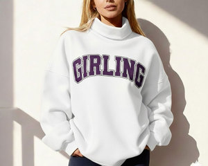 Sweat-shirt col montant en molleton de coton épais respirant pour femme, avec broderie appliquée du logo sur le devant, style décontracté et épaules tombantes - Product Image 2