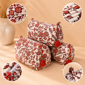 Eco Friendly Cotton Cosmetic Bag Set Artisan Crafted Bohemian Floral Prints <b>Makeup</b> Travel Case Lightweight Washable Dopp Kit - Product Image 2