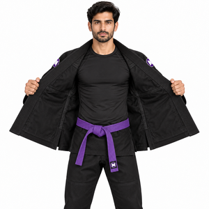 Kimono de Jiu-Jitsu Noir Personnalisé 100% Coton avec Ceinture Violette BJJ Gi Ibjjf Kimono d'Entraînement Respirant Coupe Classique Arts Martiaux - Product Image 4