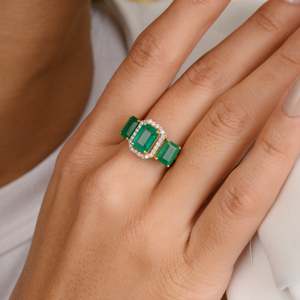 18K Gold Three Stone Emerald Diamond <b>Ring</b> for Women Solid Gold <b>Resizable</b> - Product Image 3