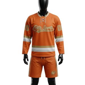 Ensemble Maillot et Short de Hockey sur Glace Sublimé Orange et Blanc pour Hommes, Col en V, Rayé, en Polyester, Tenue de Sport Performante - Product Image 1