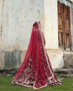 Pakistani Classic Wedding Gown Red Embroidered Crystal Beaded <b>Floor</b>-Length A-Line Silhouette Natural Waistline Long Sleeves <b>Boat</b> - Product Image 2