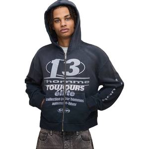 เสื้อฮู้ดซิปสีน้ำเงิน ผ้าฝ้าย 100% 350gsm ย้อมสีพื้น ผ้าฟลีซหนานุ่มสำหรับฤดูหนาว รับผลิตตามแบบ OEM โรงงานผลิตเอง - Product Image 1