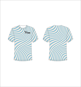 T-shirt personnalisé à manches courtes en sublimation, vêtement de sport léger avec motif abstrait à rayures ondulées crème et bleu clair - Product Image 1