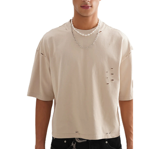 เสื้อยืดผู้ชายทรงครอปบ็อกซี่ฟิต ผ้าคอตตอน 100% หนัก 290GSM สีพื้น ปักโลโก้ได้ตามสั่ง แบบขาดรุ่ย สไตล์ฮิปฮอป - Product Image 3
