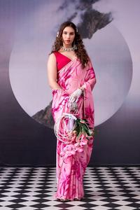 ผ้าส่าหรีผ้าไหมซาตินพิมพ์ลายพรีเมียม พร้อมขอบลูกไม้มุก ลายดอกลิลลี่สุดหรู สำหรับงานแต่งงานแบบอินเดียและงานเลี้ยงสำหรับผู้หญิง - Product Image 4