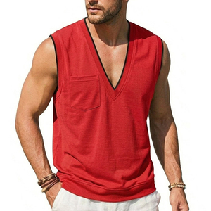 Débardeur Homme Personnalisé OEM Col V Profond Sans Manches avec Poche – Prix de Gros – Streetwear Décontracté Été Coton pour Hommes - Product Image 2