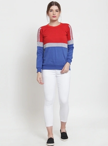 เสื้อสเวตเชิ้ตคอกลมผู้หญิง แขนยาว ผ้าถัก สีตัดต่อ สไตล์ลำลอง สีแดง น้ำเงิน เทา ผ้าฝ้าย 100% เหมาะสำหรับใส่ในฤดูใบไม้ร่วง - Product Image 2