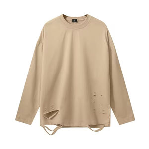 T-shirts personnalisés en coton 100% à manches longues, couleur unie, effet délavé et déchiré, pour enfants garçons - Product Image 4