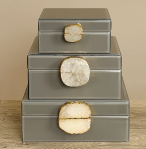 Luxury Grey Color Mirror <b>Glass</b> Decorative Storage Box Set Agate <b>Knob</b> Premium Jewelry Vanity Organizer Boxes Home Decor Lacquered - Product Image 6