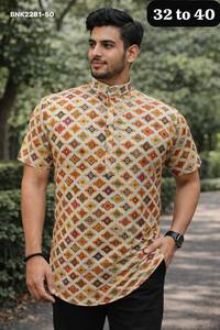 เสื้อคุर्ตาผู้ชายคุณภาพสูง ผ้าคอตตอนพิมพ์ลาย แขนสั้น คอปก ป้ายยี่ห้อ แบรนด์สั้น ทรงเสื้อเชิ้ต ส่งออกจากอินเดีย - Product Image 2