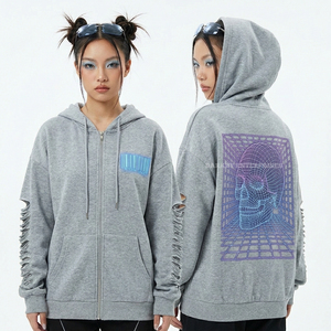 Sweat-shirt à capuche zippé bleu aqua tie-dye 400 GSM pour femme, motif crâne de machine à sous de casino, néon pop art, streetwear, lumineux, été - Product Image 3