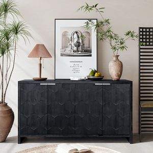 Accent Farmhouse Style 4-Door Wooden Cabinet Distressed Black Sideboard <b>Buffet</b> <b>Server</b> for Living Room Dining Room Storage - Product Image 4