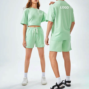 Conjunto a juego con logotipo personalizado, camiseta y pantalones cortos de algodón grueso, ropa de calle de verano, fabricante, proveedor OEM, en blanco - Product Image 1