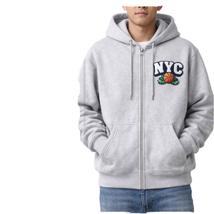 Sweat-shirt à capuche zippé pour homme, gris chiné, avec imprimé graphique sur la poitrine, fermeture éclair intégrale, vêtement de sport décontracté, vente en gros personnalisée - Product Image 1