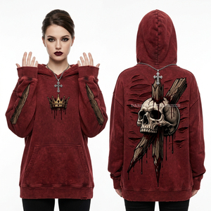 Vente en gros Sweat à capuche zippé pour femme 500GSM violet délavé à l'acide, avec motif crâne patchwork cousu, esthétique Frankenstein et effet vieilli - Product Image 2
