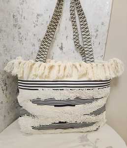 Boho Cotton Tote Bag Fringe <b>Strap</b> Shoulder Handbag Stripe Pattern for Travel Shopping - Product Image 1