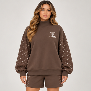 Women's Brown Polka Sleeve Mock Neck 2-Piece <b>Shorts</b> <b>Set</b> Custom Casual Sportswear - Product Image 1