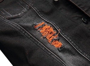 Veste en jean noire pour homme, col montant, déchirée et effilochée, style décontracté, boutonnage simple, pour l'automne - Product Image 5
