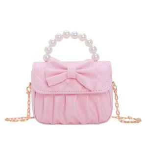 Bolso de Mano Mini con Perlas de Nuevo Estilo para Niñas, Bolso de Cadena con Lazo para Bebés, Bolso de Hombro Cuadrado de Color Sólido para Niños - Product Image 1