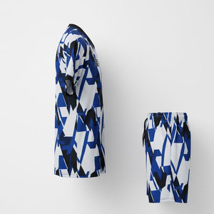 Ensemble de maillots de football personnalisés sublimés, bleu et blanc, motif géométrique, col en V, manches courtes, évacuation de l'humidité, uniformes unisexes pour adultes - Product Image 3
