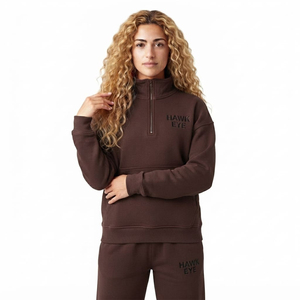 Sudadera de algodón con capucha y media cremallera para mujer, con logo personalizado, cuello alto, hombros caídos, color liso, de peso pesado - Product Image 2