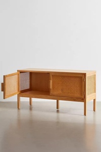 Mueble de TV Moderno de Madera Maciza y Ratán con 2 Puertas, Mueble de Almacenamiento para Sala de Estar - Product Image 2