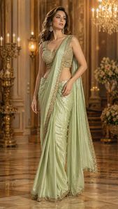 Sari en soie vert clair élégant avec broderie dorée pour mariage, coupe classique, longueur au sol, provenant d'Inde et du Pakistan - Product Image 1