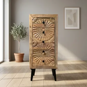 Commode à 5 tiroirs en bois massif sculptée à la main, style floral, table de chevet, armoire de rangement haute, pour chambre à coucher et salon, style ferme - Product Image 1