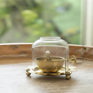Traditional brass handcrafted incense <b>burner</b> bowl with <b>side</b> holding handle, available at wholesale prices. - Product Image 3