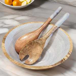 Bol en bois émaillé artisanal de haute qualité avec cuillères à salade, imprimé émaillé, cuillères assorties pour la présentation à la maison et en cuisine - Product Image 1