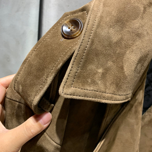 Women's Olive Green Cow Suede Safari Jacket <b>Double</b> Breasted Turn-down Collar <b>Quilted</b> Lining Autumn Style - Product Image 5